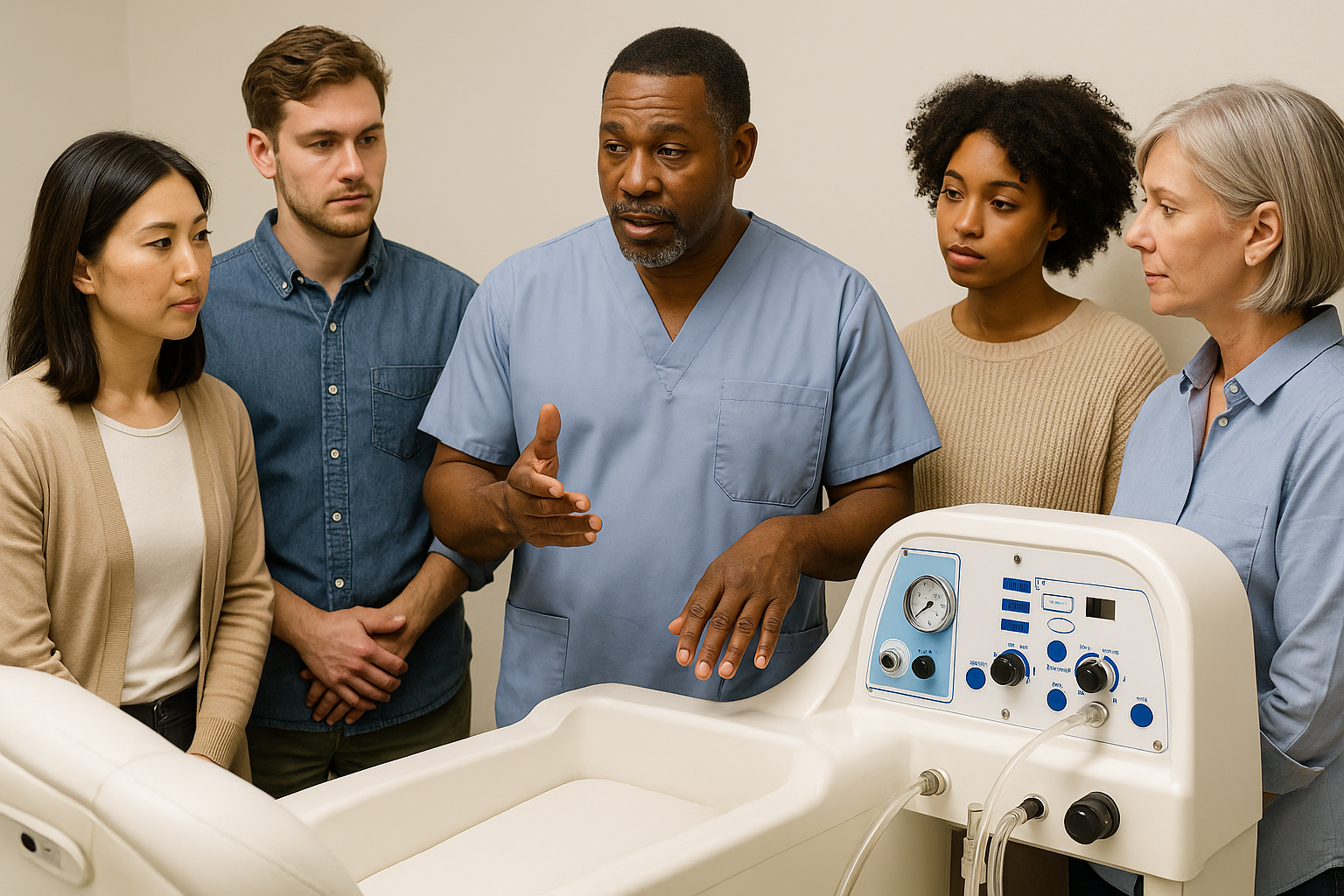Middle-aged Black male instructor in medical scrubs teaching diverse group of students about colonic hydrotherapy machine in professional training setting